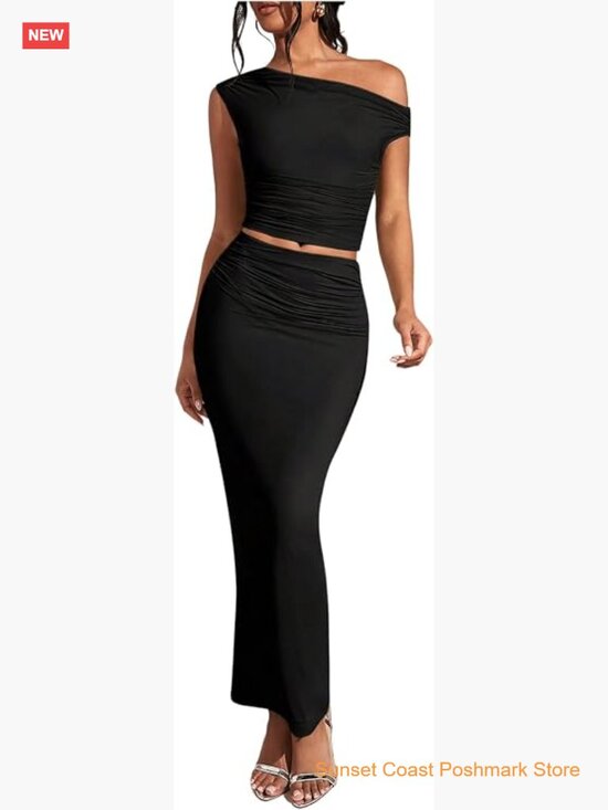 Other - Women's Solid Asymmetrical Neck One Shoulder Bodycon Maxi Skirt Set